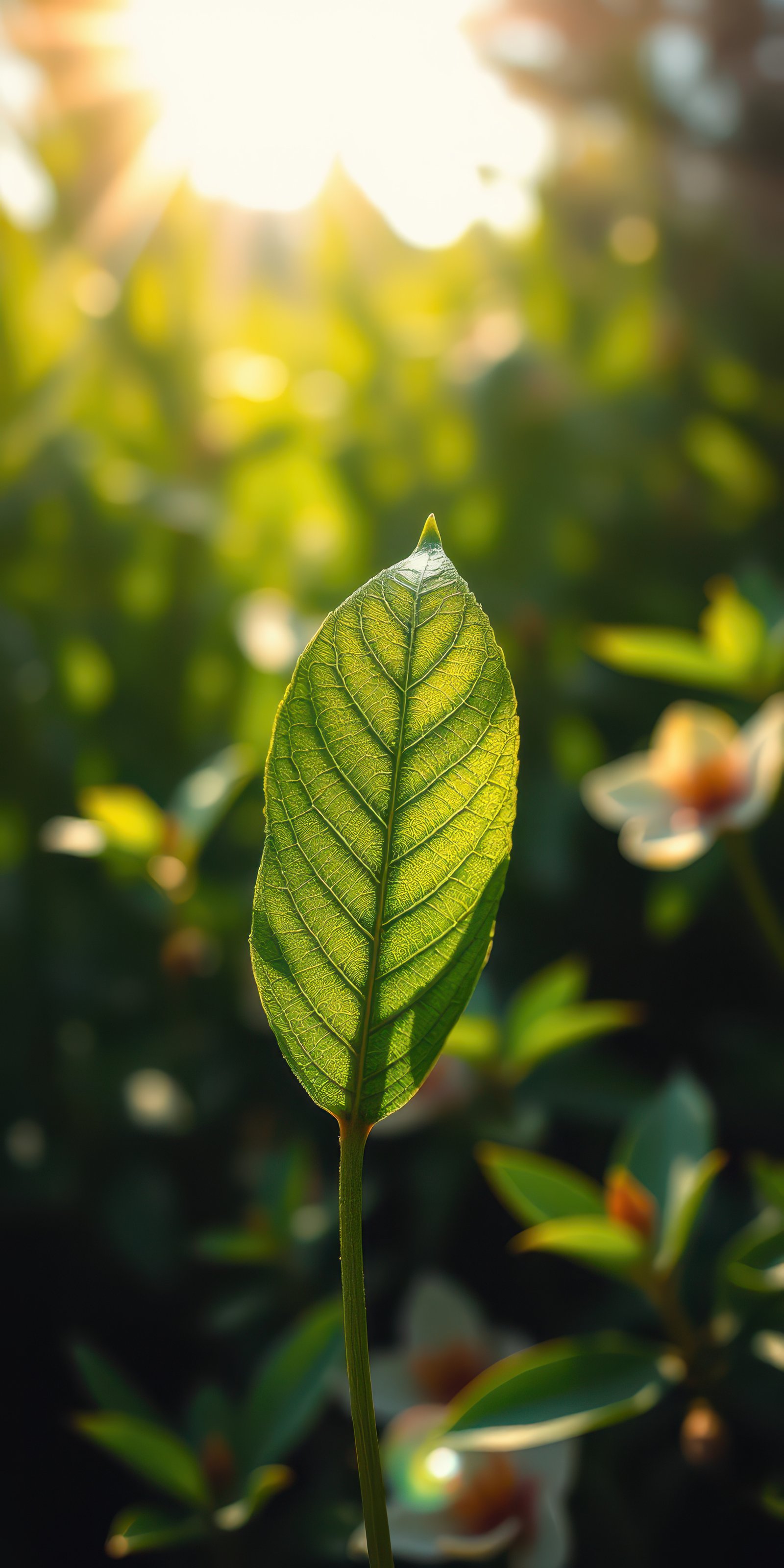 Sunlight illuminates vibrant green leaf among lush greenery in early morning
